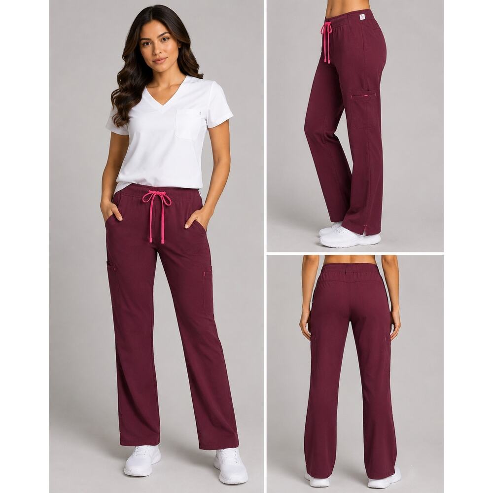 Smitten Burgundy Scrub Pants Womens TMD Straight Leg Drawstring Stretch Medical